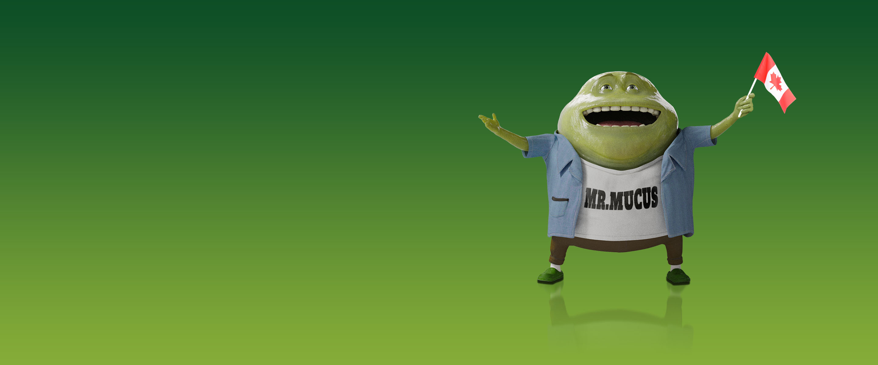 Mr. Mucus, the Mucinex® mascot, waving a Canadian flag to kick off his cross-country congestion tour