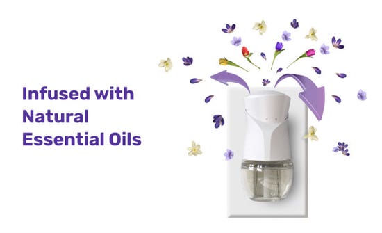 Displays the top Air Wick® Plug-in Scented Oil warmer plugged into a wall with purple flowers coming from the top to represent the scent diffusing into the room.