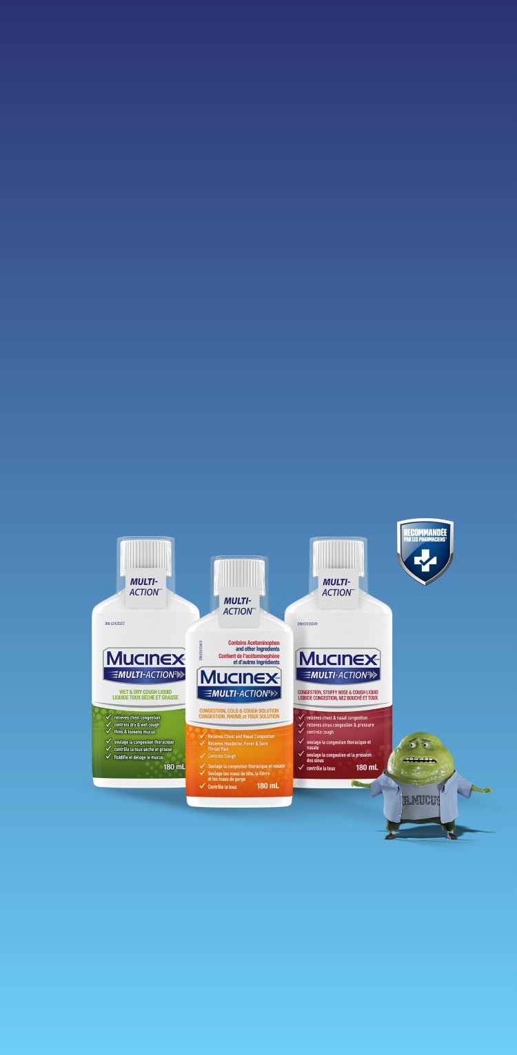 Packshots de Mucinex liquide avec M. Mucus et le badge Recommandé par les pharmaciens