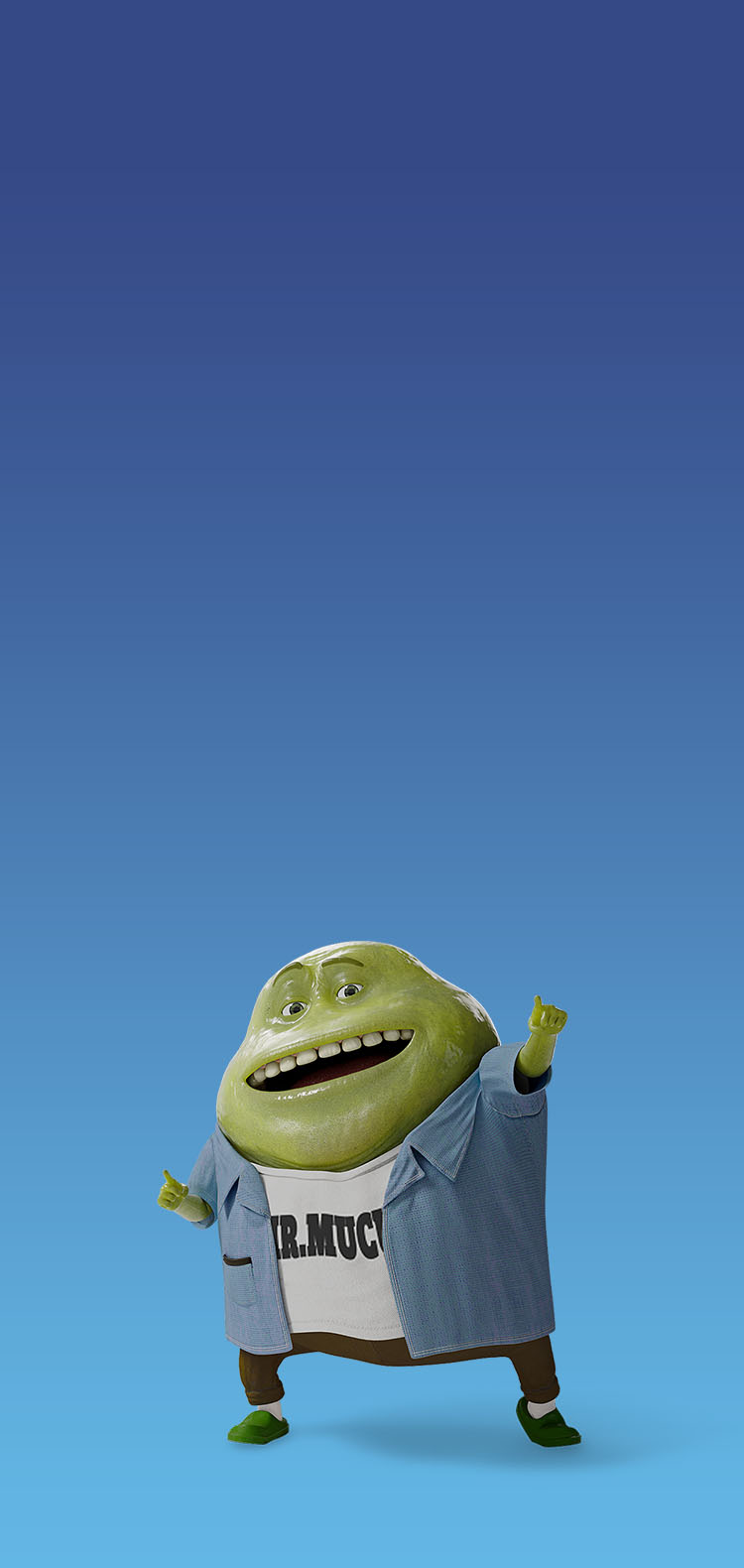 Mr. Mucus smiling and pointing, while teasing his next mucus-filled stop on the Canadian tour