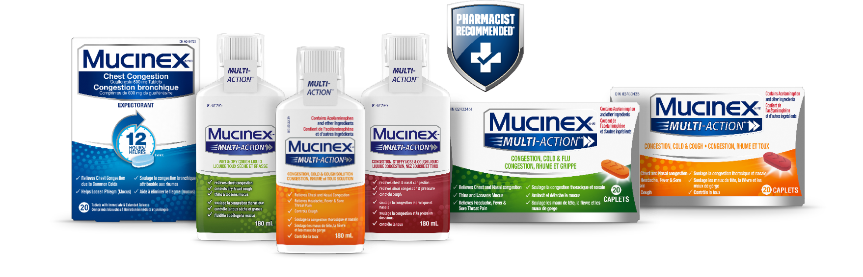  Mucinex family packshots with Pharmacist Recommended badge