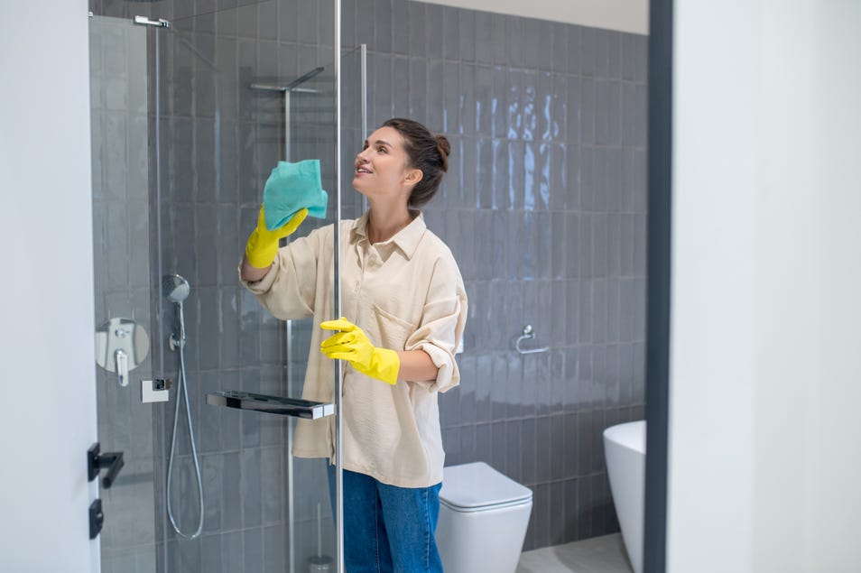 A woman wearing gloves and wiping glass shower doors with a cloth