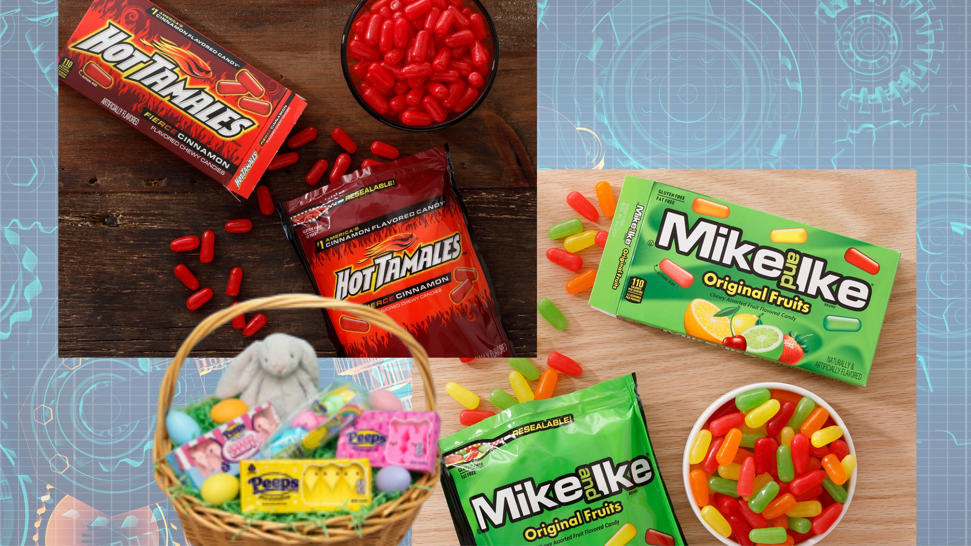 Peeps, Hot Tamales, and Mike and Ike candy packaging from producer Just Born