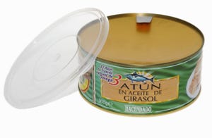 Redesigned packaging for canned fish features peelable end, reclosable lid