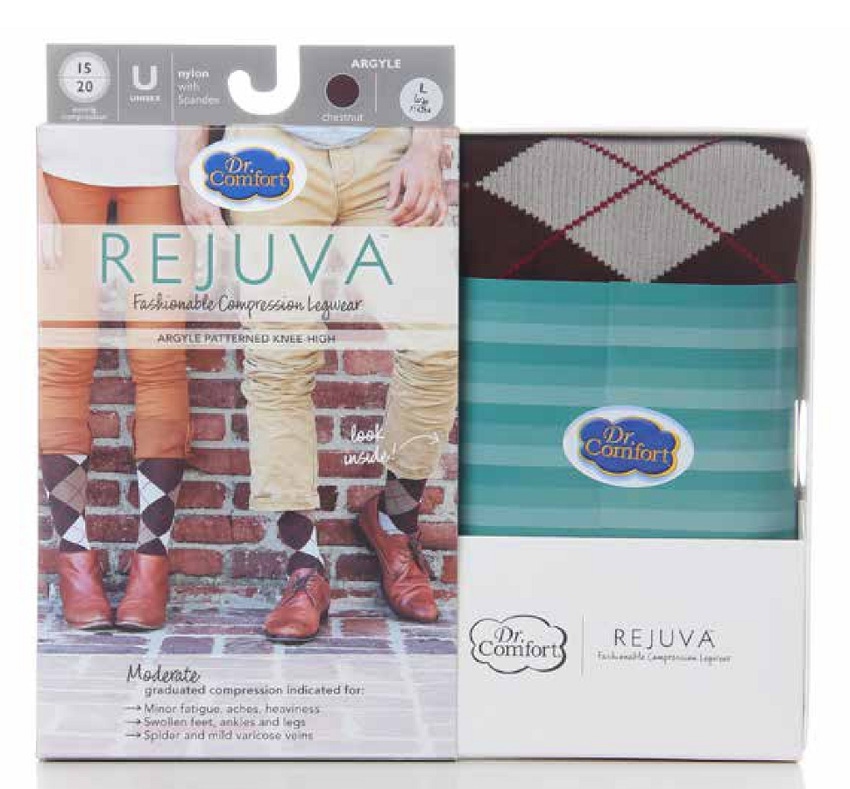 Youthful package graphics give Dr. Comfort Rejuva support hose a fashionable footing