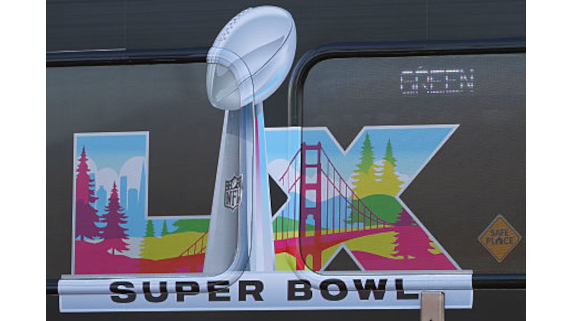 Super Bowl LX logo printed on public transportation