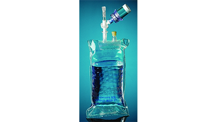 3d rendering of infusion bag in the pure blue background, IV drip chamber,  IV tubing, and IV bag of solution with copy space.saline solution in  vignette style and blank area Stock Illustration |