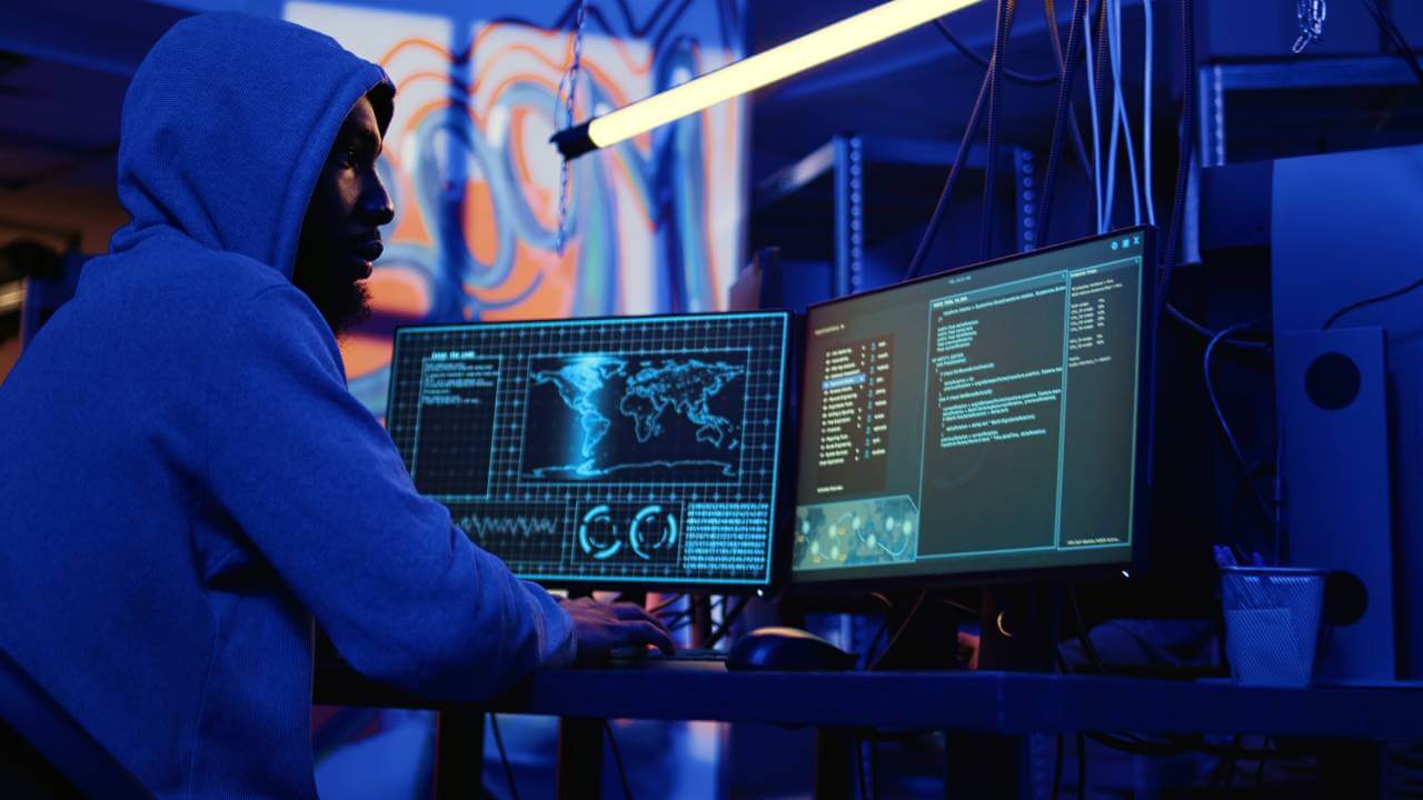 Hacker in a hoodie sitting in front of two computer monitors 