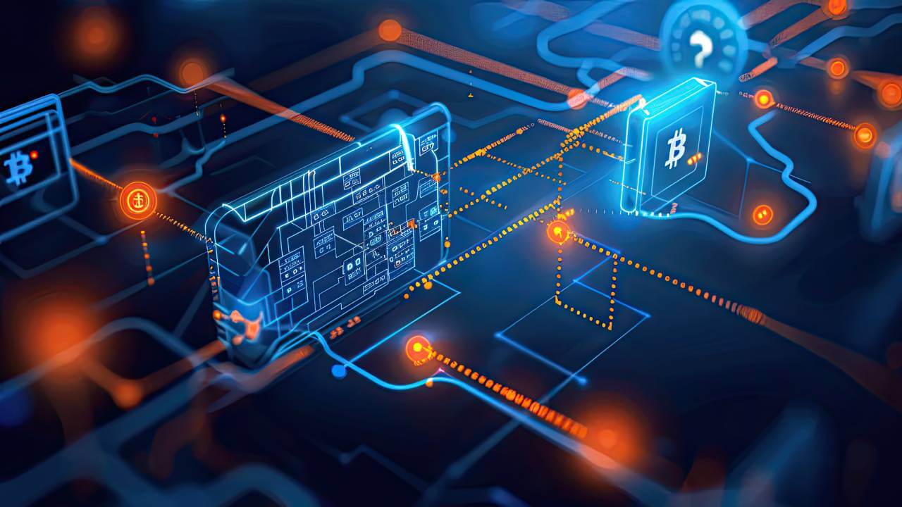 3D rendering of Bitcoin digital pathways.