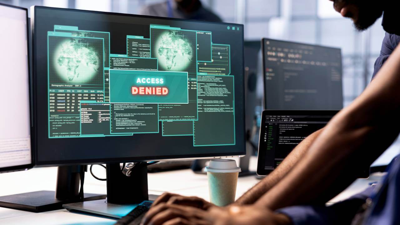 Employee receiving access denied notification on PC display in a data center.