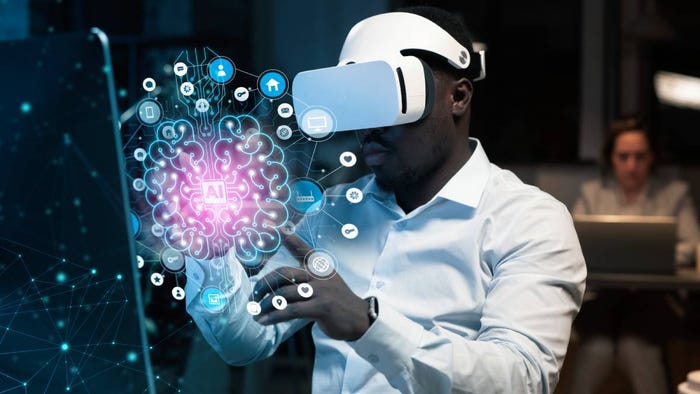 Man with VR headset engaging with AI interface Man with VR headset engaging with AI interface