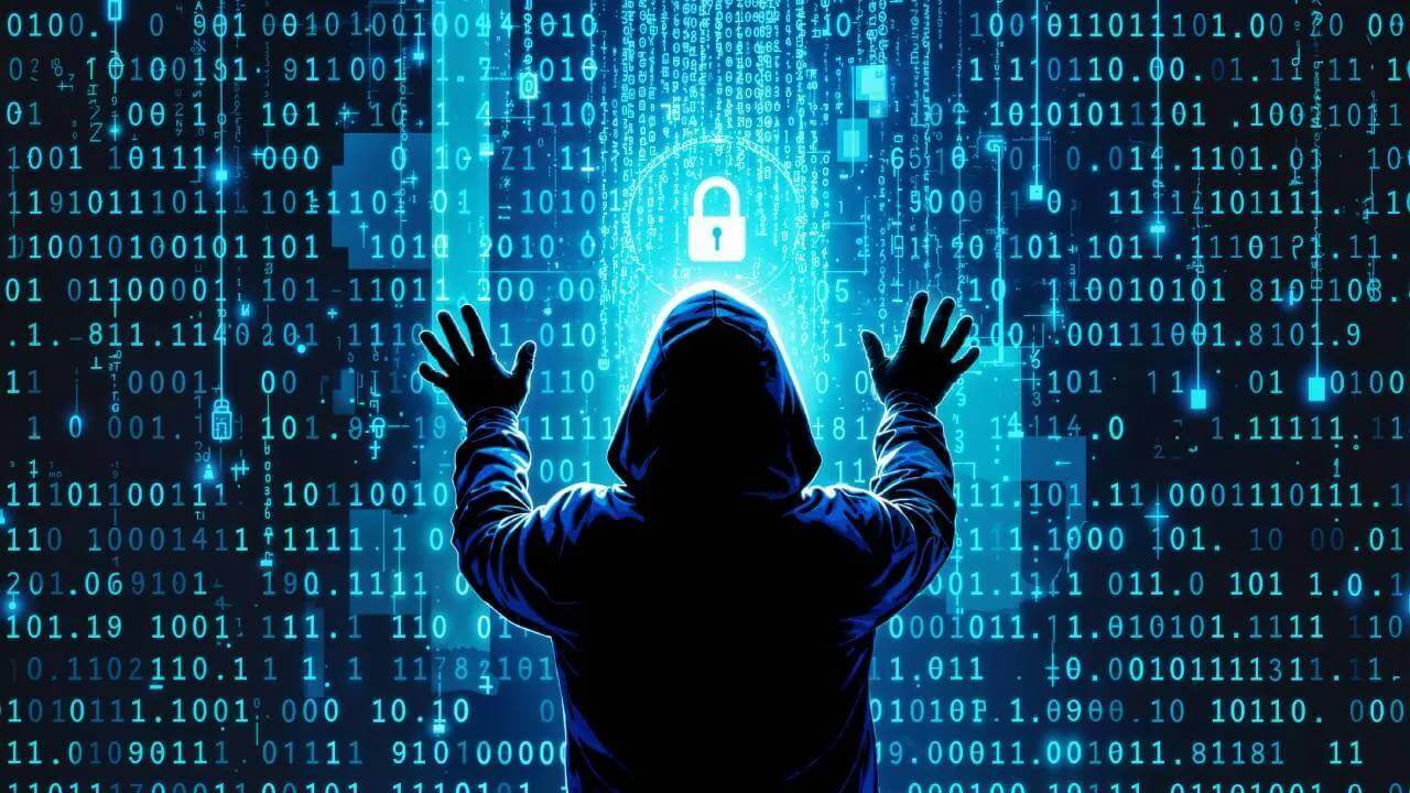Cybersecurity concept: a man in hoodie holding up his hands to a blue hologram projecting computer code and a lock.
