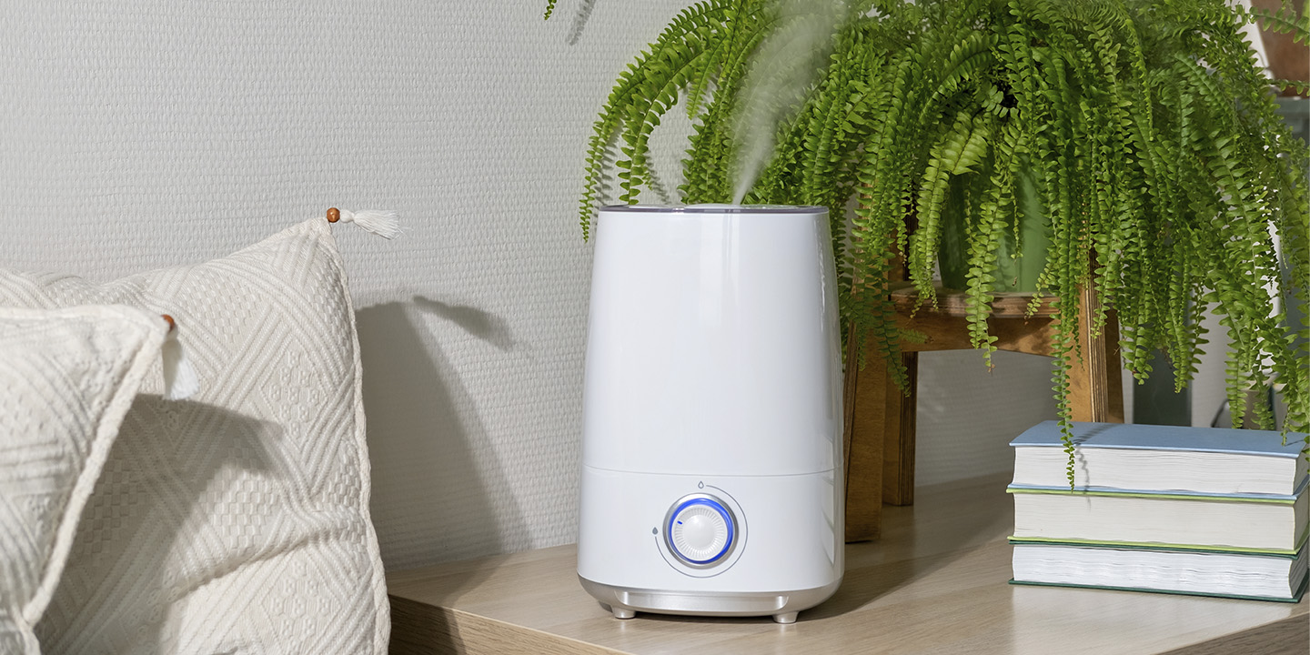 Humidificador con planta verde de fondo.
