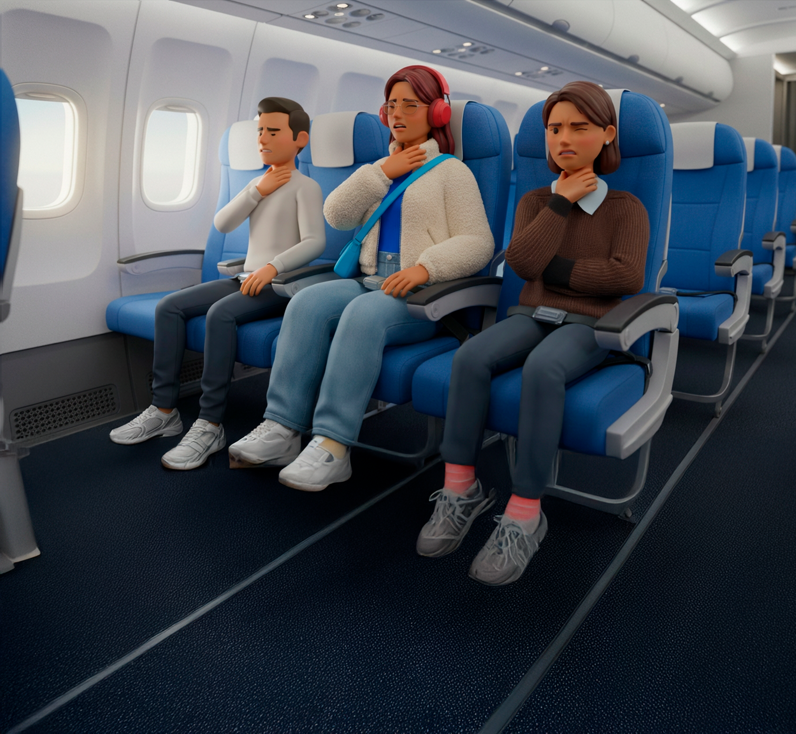 Personas adultas animadas con dolor de garganta en avión