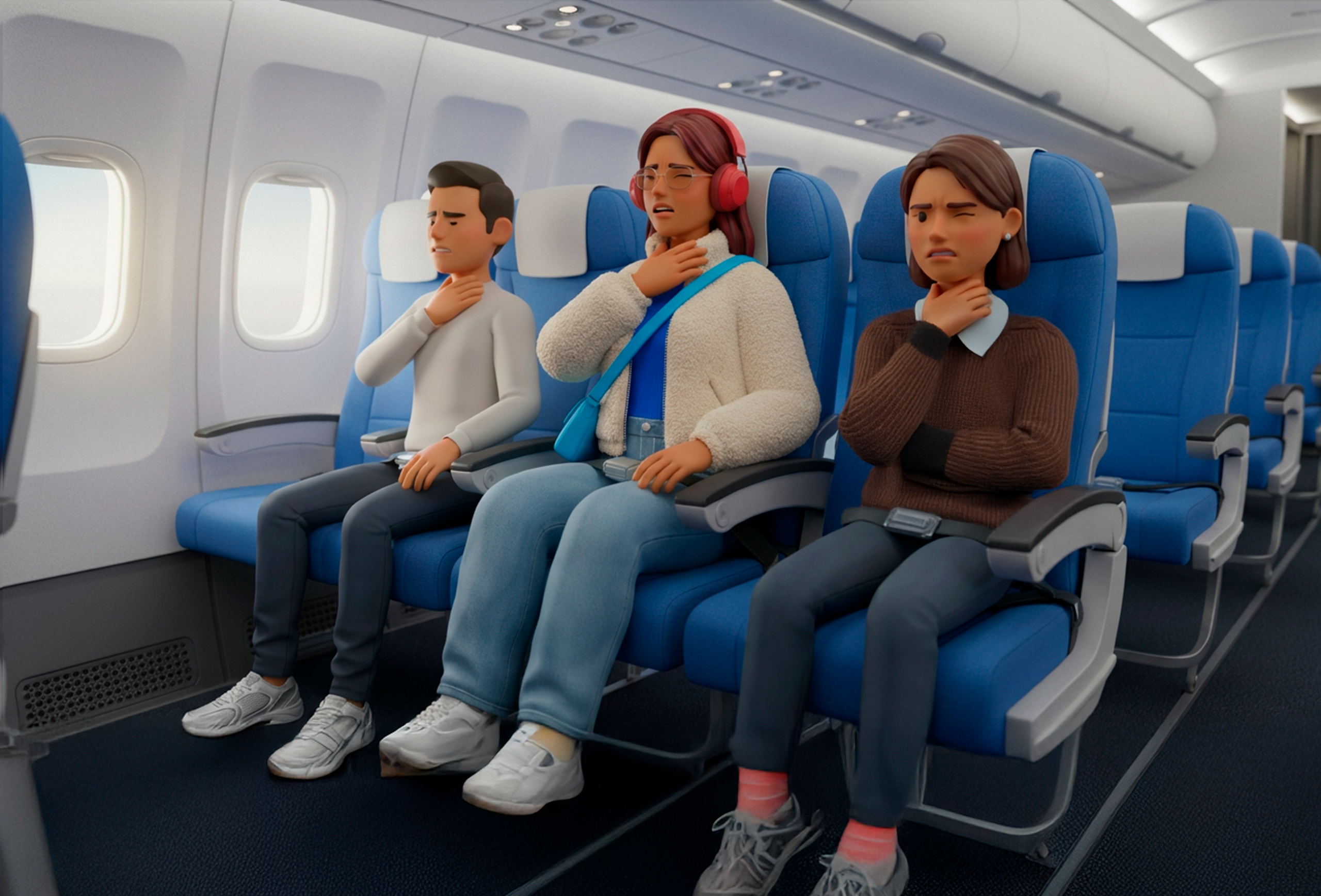 Personas adultas animadas con dolor de garganta en avión