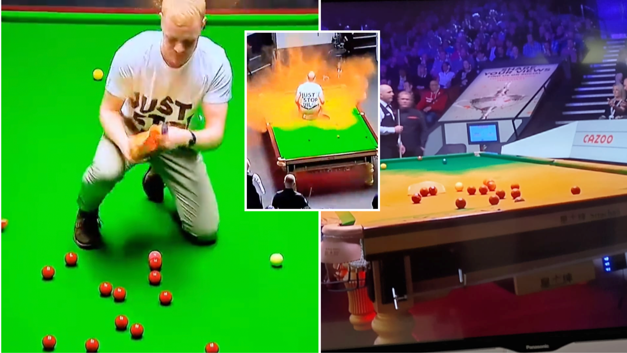 Just Stop Oil protest at World Snooker Championship sees orange powder cover table at Crucible