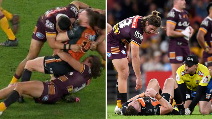 Former Australian rules player SMASHES an opponent in a monster tackle  during an NFL game