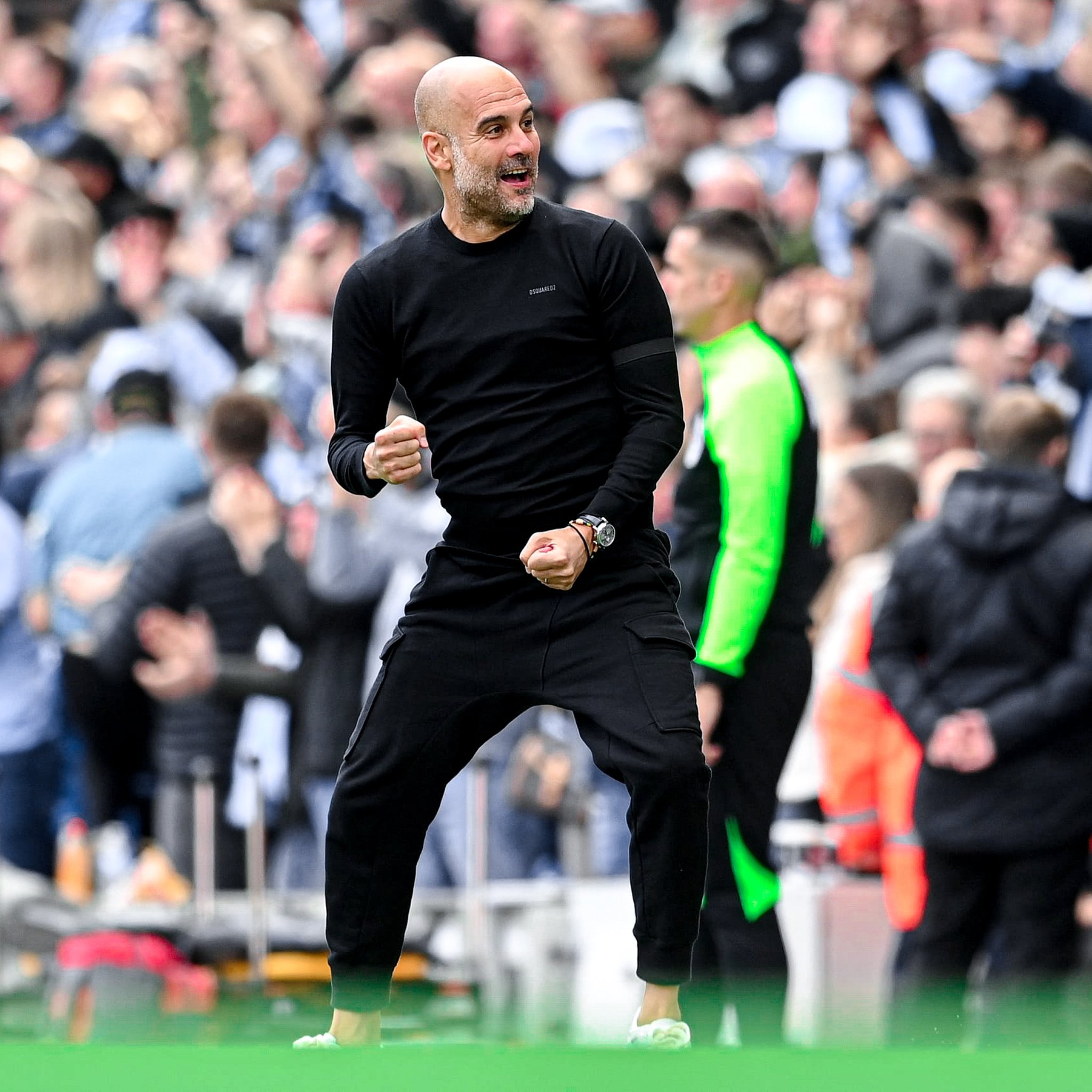 Pep Guardiola rejoices on the touchline against Manchester United (Alamy)