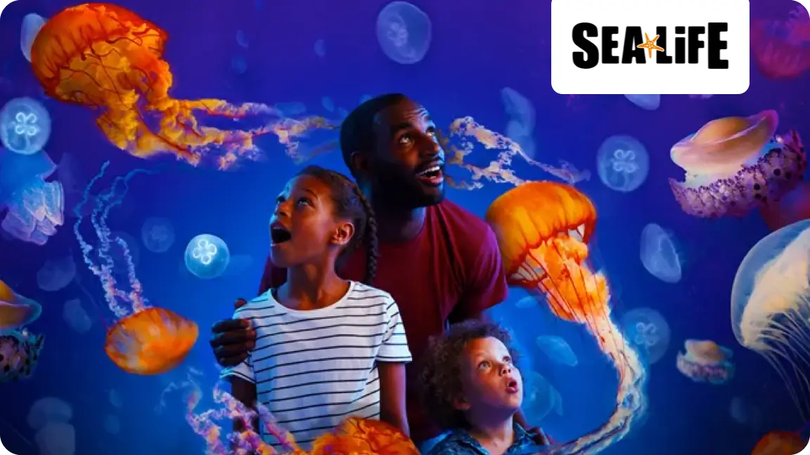 A father and his children at Sealife enjoying the sea creatures