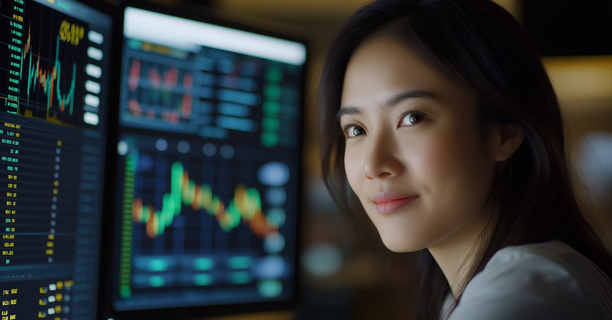 woman smiling with trading data on screens.jpg