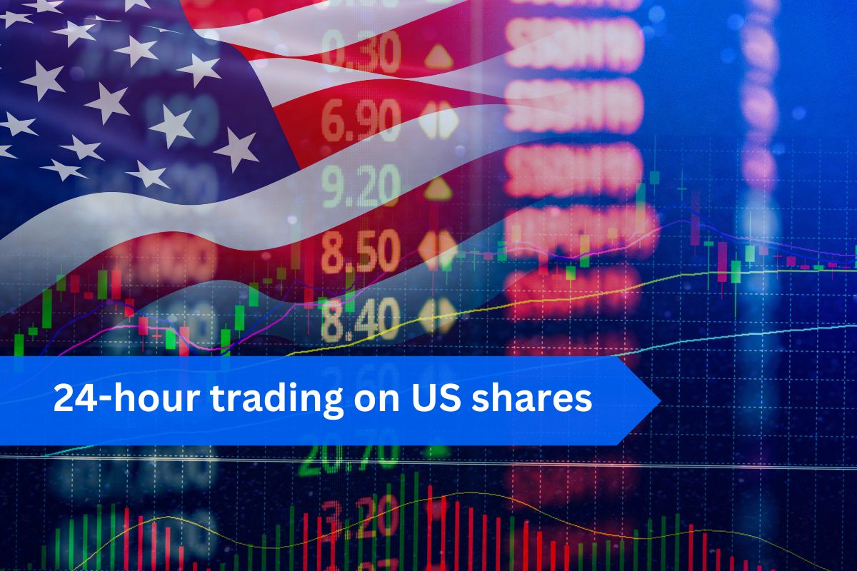 American flag overlayed on a stock market chart with candlestick graphs and numbers, featuring a blue banner that reads '24-hour trading on US shares'.