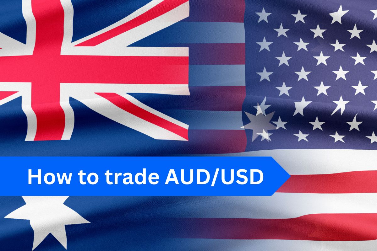 a combination of the Australian and United States flags blended together, with a text banner overlay reading 'How to trade AUD/USD' in bold white letters on a blue background.