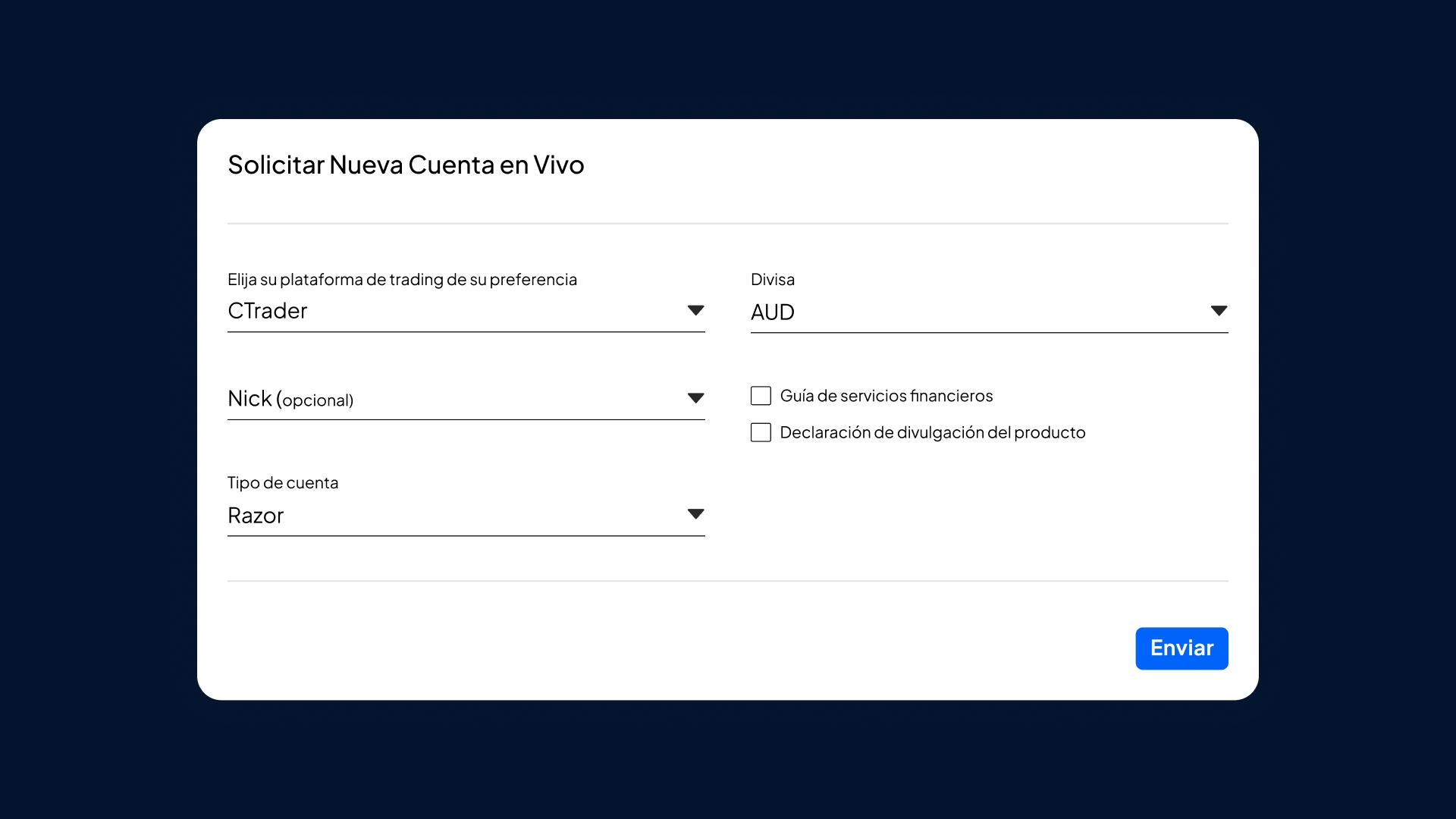 Form for requesting a new live trading account, including options for platform, currency, nickname, account type, and legal disclosures