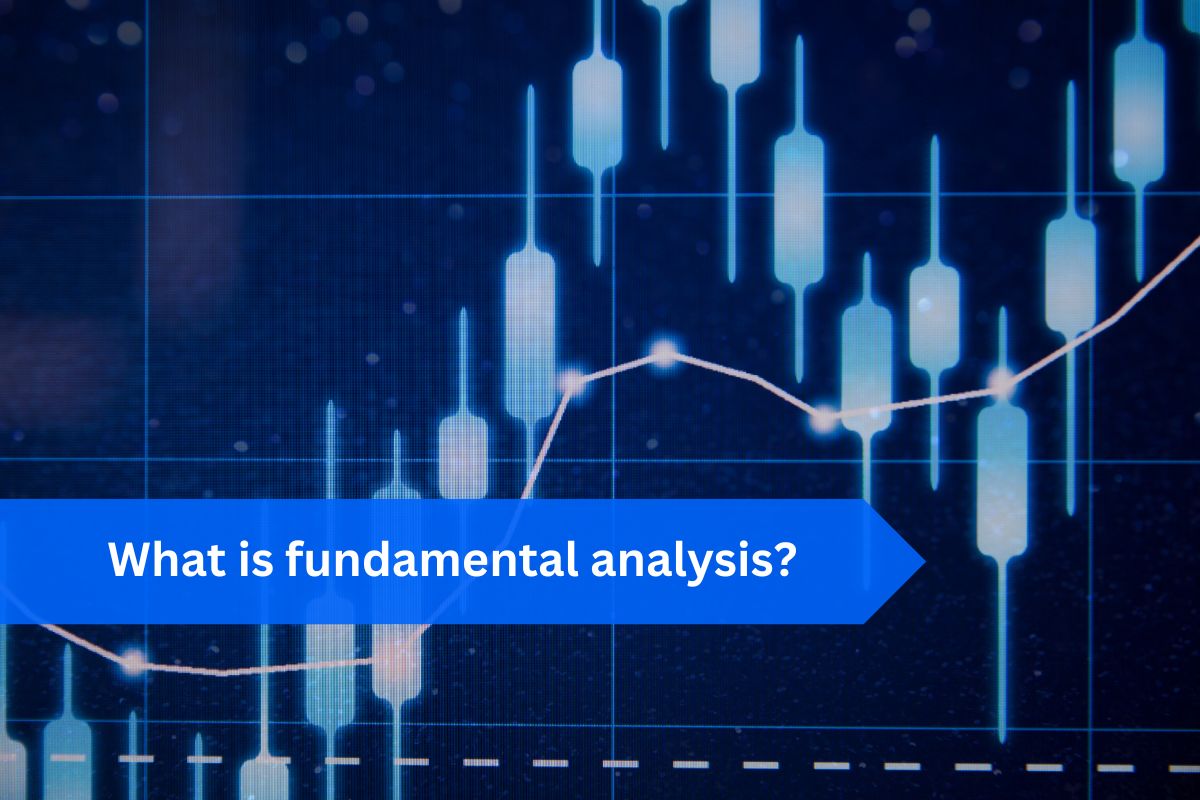 A digital illustration featuring a candlestick chart with a blue overlay, displaying the text 'What is fundamental analysis?' in a bold blue banner.