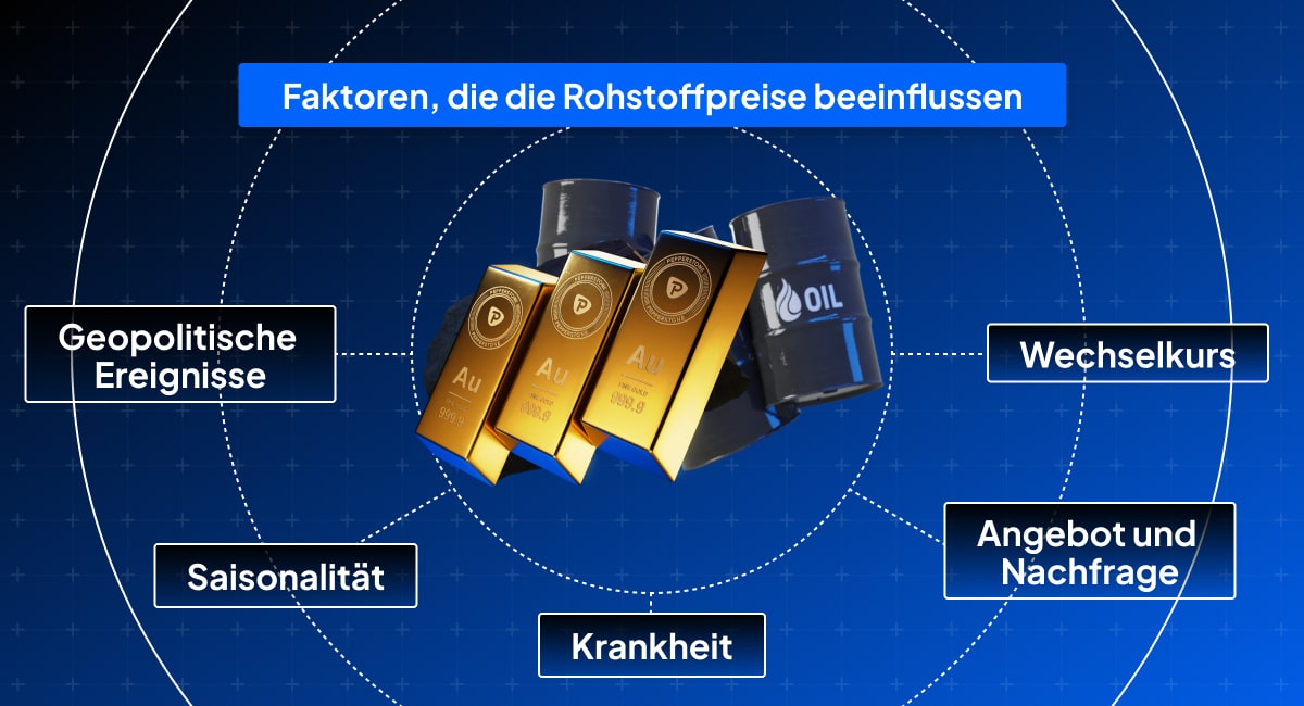 Die Grafik zeigt, welche Faktoren die Rohstoffpreise beinflussen: geopolitische Ereignisse, Sainsonalität, Krankheiten und Schädlingen, Angebot und Nachfrage, und Wechselkurse.