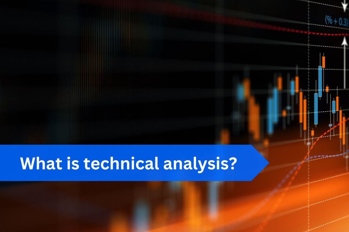 Image featuring the question 'What is technical analysis?' overlaid on a dark background with financial candlestick charts and data visualization elements, representing stock market analysis.