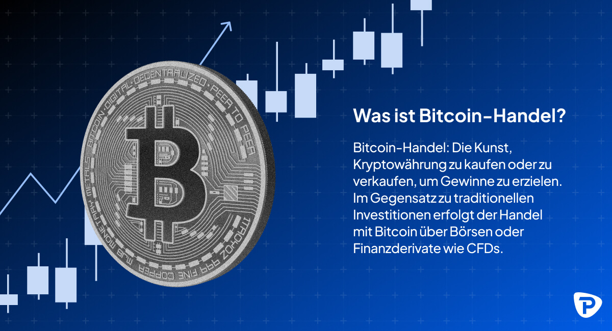 Bild von einem Bitcoin auf der linken Seite und kurze Definition von Bitcoin-Tradingauf der rechten Seite: Die Kunst, Kryptowährungen zu kaufen oder zu verkaufen, um Gewinnezu erzielen. Im Gegensatz zu traditionellen Investitionen erfolgt der Handel mit Bitcoins überBörsen oder Finanzderivate wie CFDs