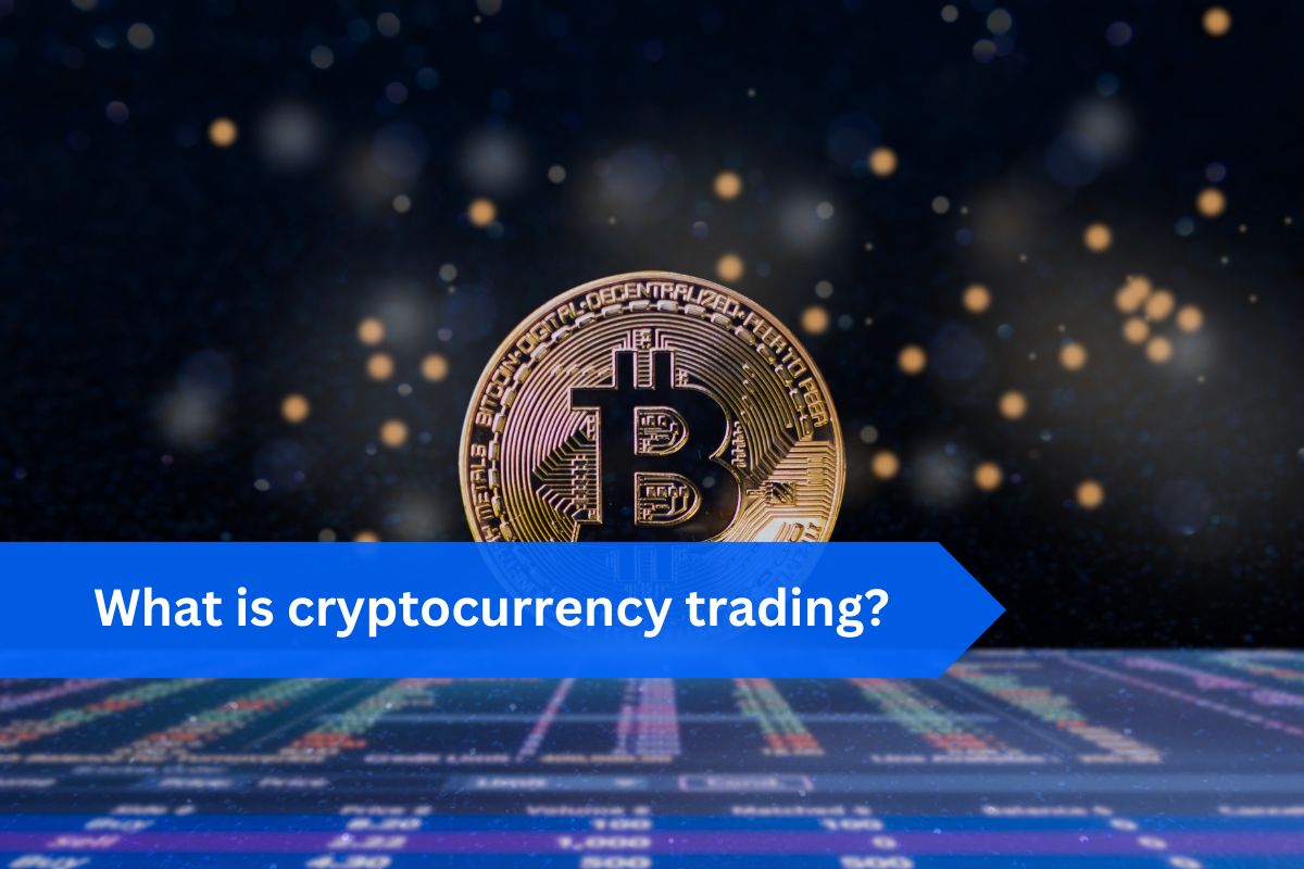 Image of a golden Bitcoin coin in focus against a dark background with bokeh light effects, overlaid with a text banner reading 'What is cryptocurrency trading?' and a faint view of a trading chart below.