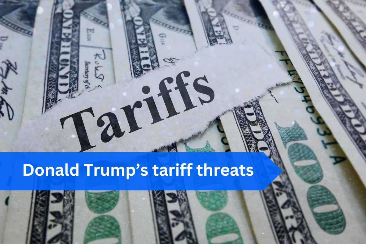 US dollar bills with a torn paper labeled 'Tariffs' overlayed with a blue banner reading 'Donald Trump’s tariff threats'.