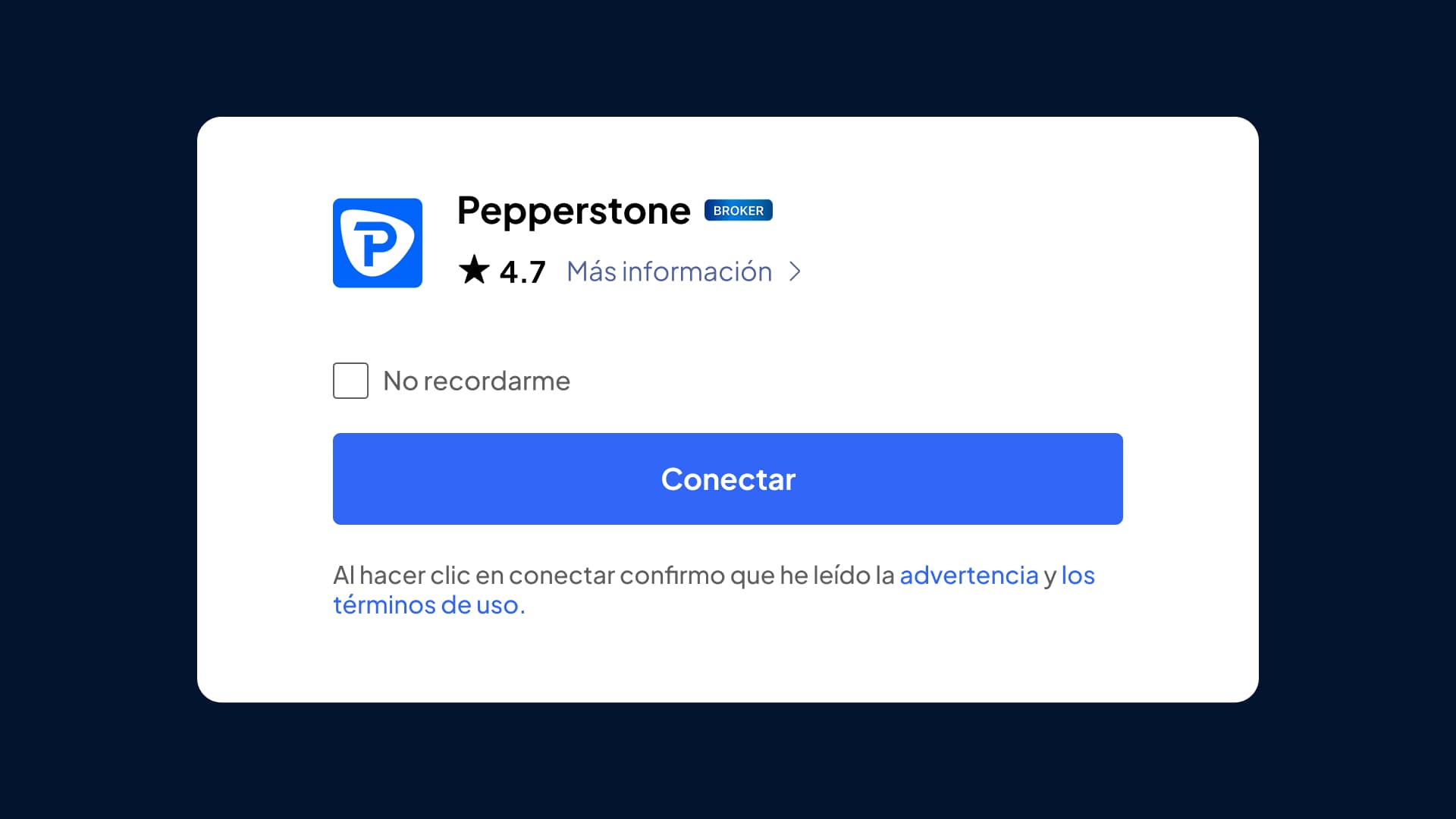 Login prompt for Pepperstone with a 4.7 rating, featuring a Connect button and terms of use acknowledgment in Spanish