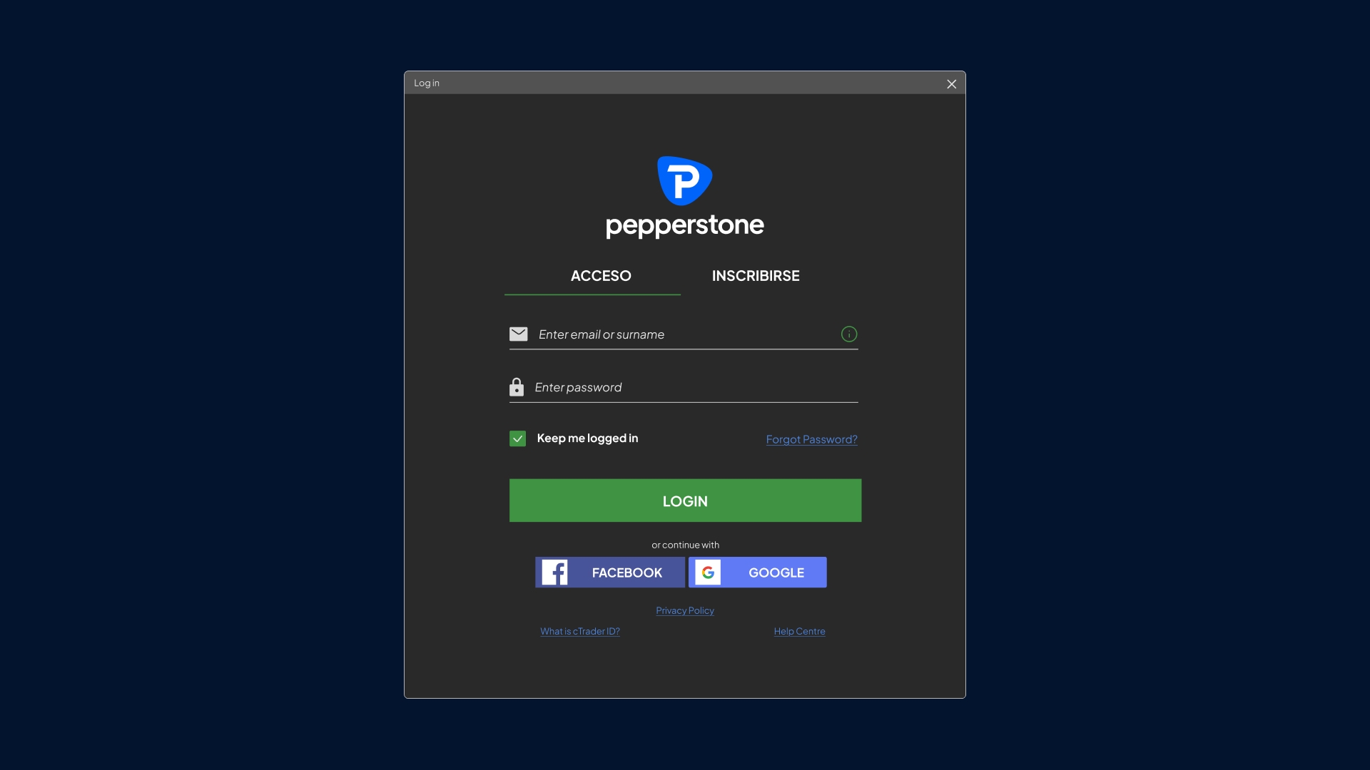 Login screen for Pepperstone, featuring fields for email and password, options to keep logged in, and social media login buttons