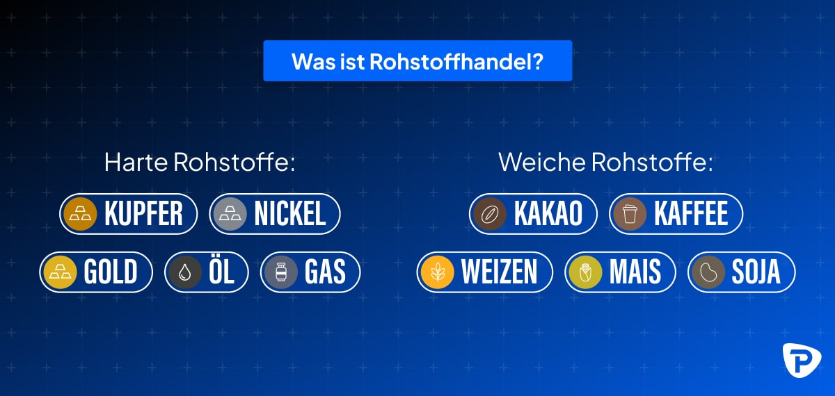 Eine Grafik, die die verschiedenen Rohstofftypen auflistet. Aufgeteilt in zwei Gruppen: links stehen die Hard Commodities, wie Kupfer, Nickel, Gold, Öl und Erdgas und rechts stehen die Soft Commodities, wie Kakao, Kaffee, Weizen. Mais und Soja.