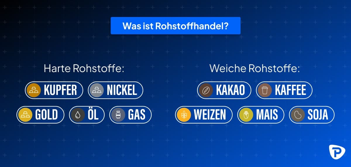 Auf dem Bild sehen Sie die verschiedenen Arten von Rohstoffen. Auf der linken Seite befinden sich die harten Rohstoffe wie Kupfer, Nickel, Gold, Öl und Gas, und auf der rechten Seite die weichen Rohstoffe: Kakao, Kaffee, Weizen, Mais und Soja.