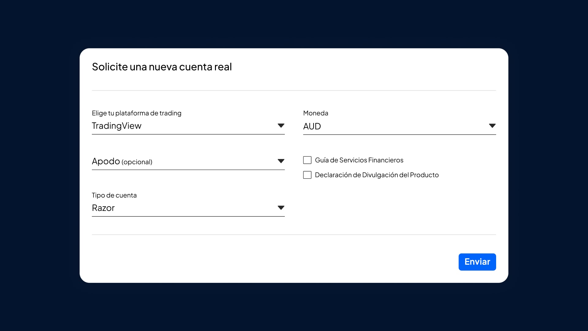 Form to request a new trading account with fields for platform, currency, nickname, account type, and additional information checkboxes