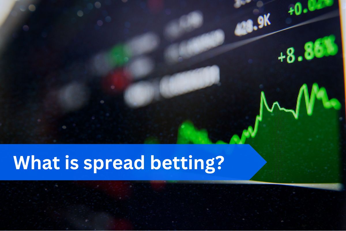 A blurred stock market chart with green price movements and the text 'What is spread betting?' displayed on a blue banner.