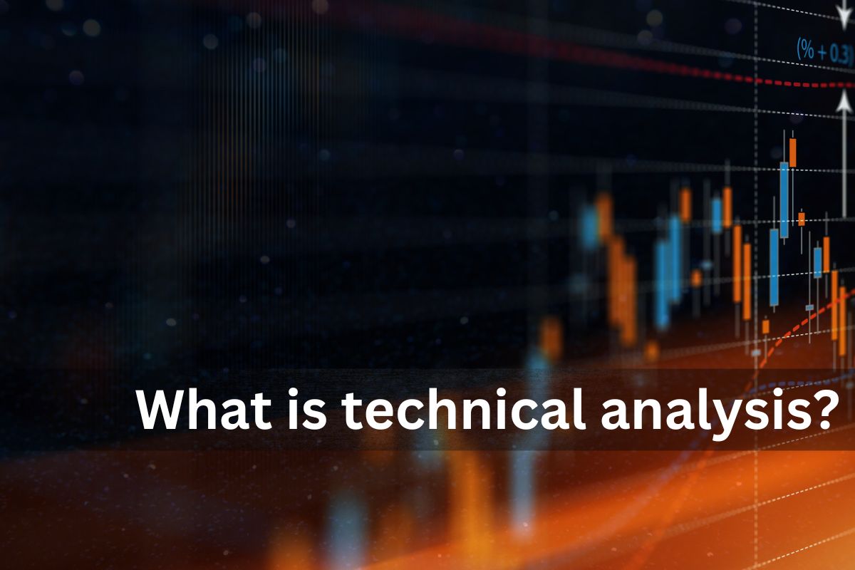 Image featuring the question 'What is technical analysis?' overlaid on a dark background with financial candlestick charts and data visualization elements, representing stock market analysis.