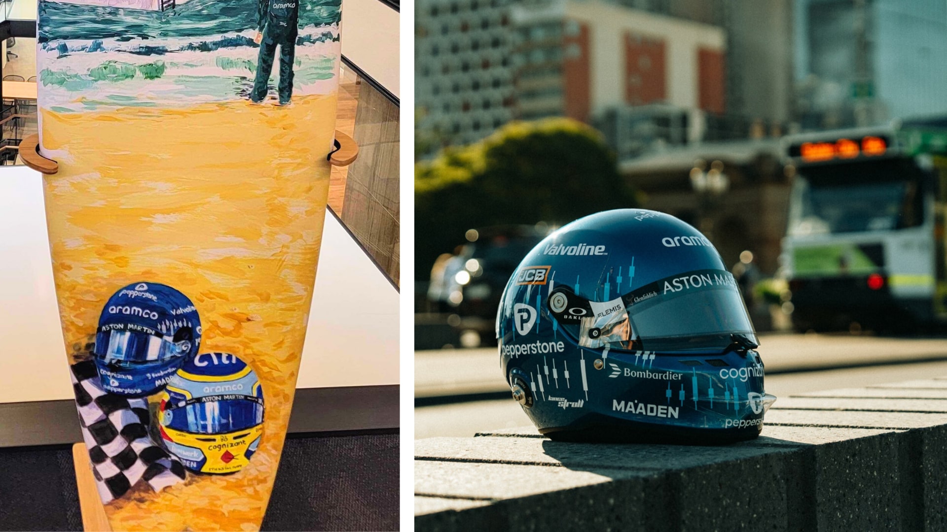 An artistic homage—the surf board (left) featuring Lance Stroll’s custom Pepperstone helmet (right), worn by him at the 2025 Melbourne Grand Prix. Blending racing and trading in candlestick-inspired for.jpg