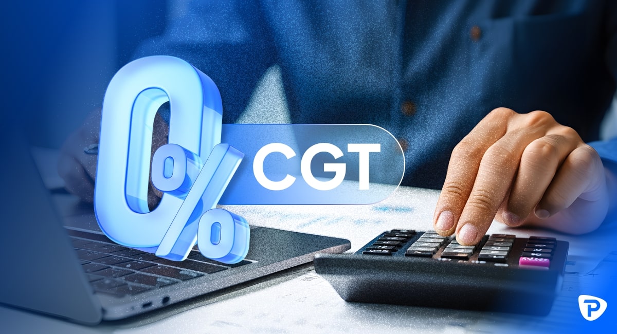 A person using a calculator with the text 0% CGT displayed prominently, symbolizing zero capital gains tax benefits