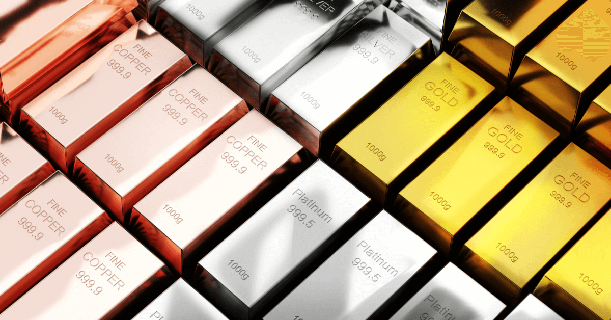 Hero image showing a range of metal commodity bars; gold, silver and copper.