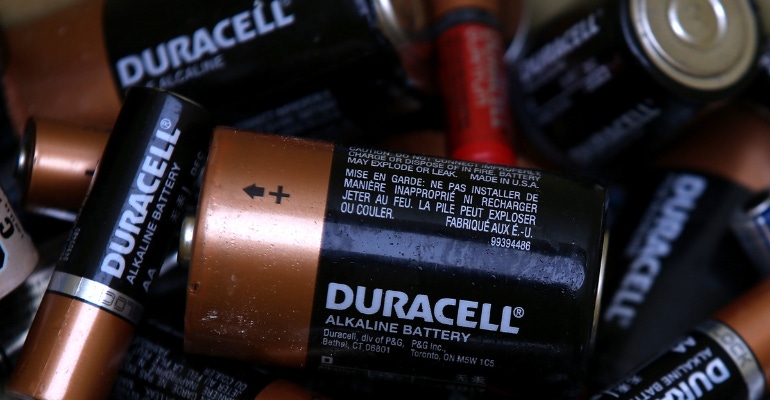 Duracell batteries sit in a recycling bin at a Batteries Plus store on November 13, 2014 in San Rafael, CA.