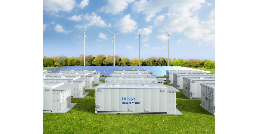 Battery energy storage system with solar and turbine farms.
