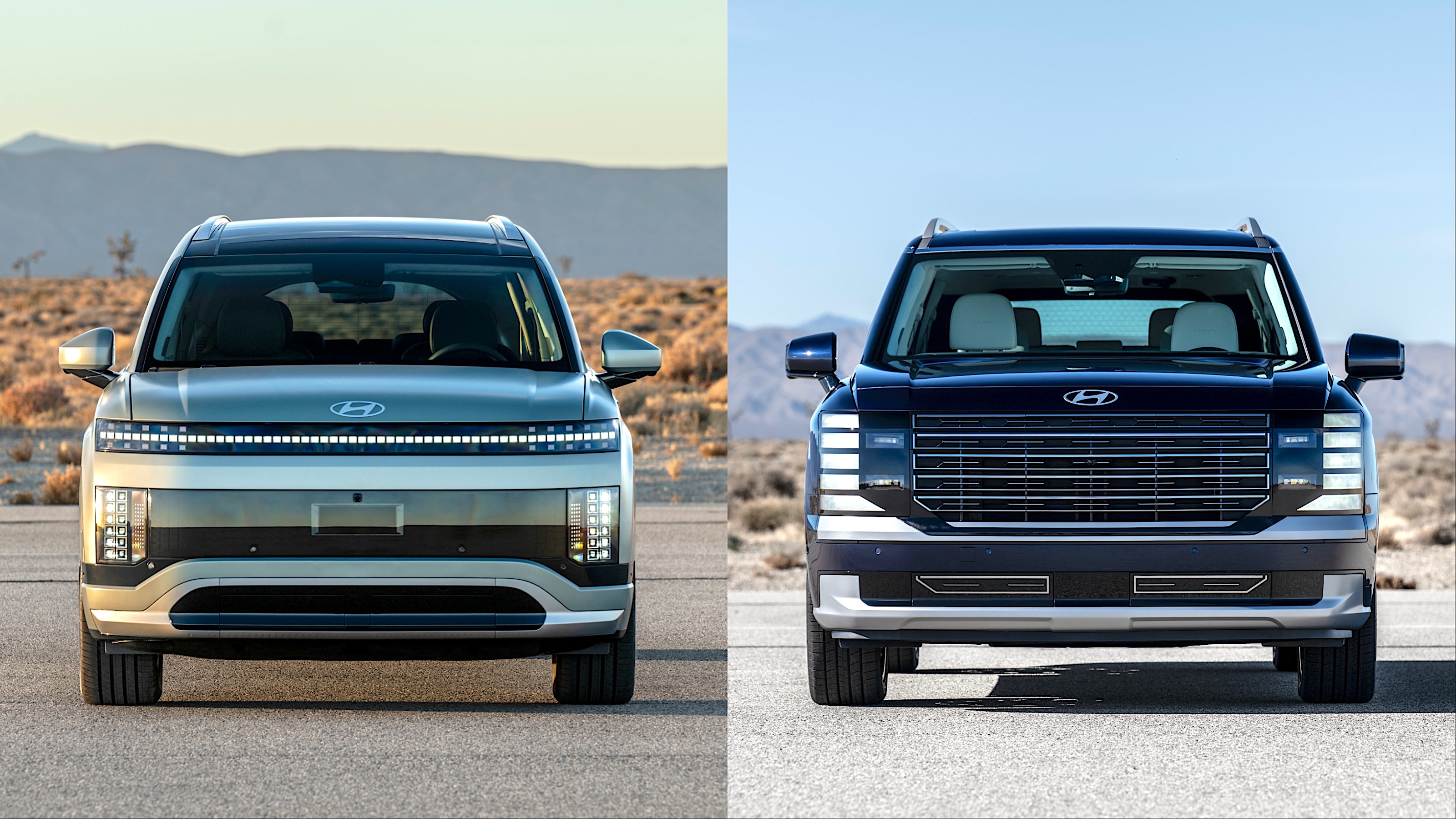 The Hyundai Ioniq 9 (left) and Palisdade (right) SUVs are similar in size, but have very different ride characteristics.
