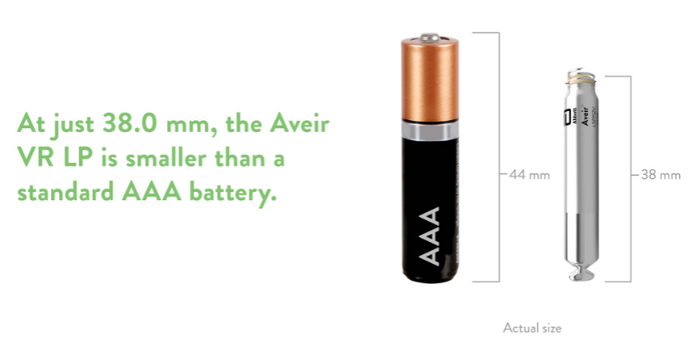 Image showing the actual size of the Abbott Aveir leadless pacemaker compared to a AAA battery.
