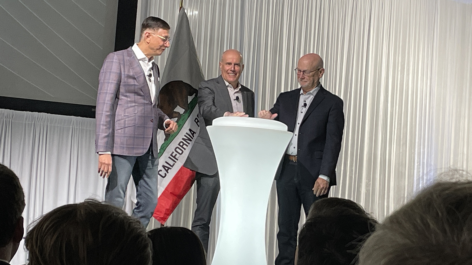 QuantumScape president and CEO Siva Sivaram joins other executives to push a giant button to start Eagle Line in San Jose on February 4, 2026.