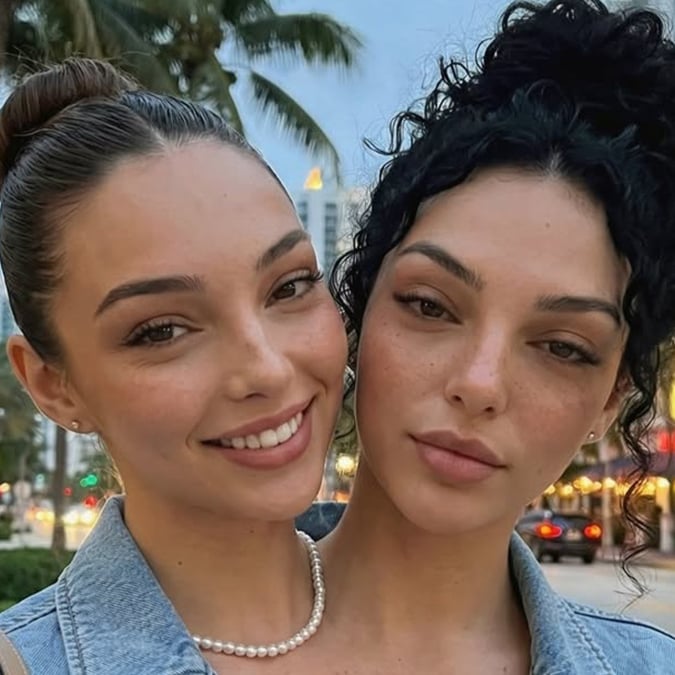 AI-generated influencer imagery — source: Unilad Tech Two AI-generated influencer characters in denim jackets in an outdoor social-media-style portrait