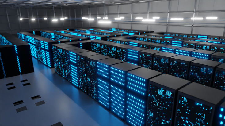 A data center lit in blue. A data center lit in blue.